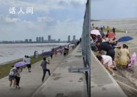 钱塘江涨潮瞬间多位游客被冲倒 网友：为什么一定要下去看呢