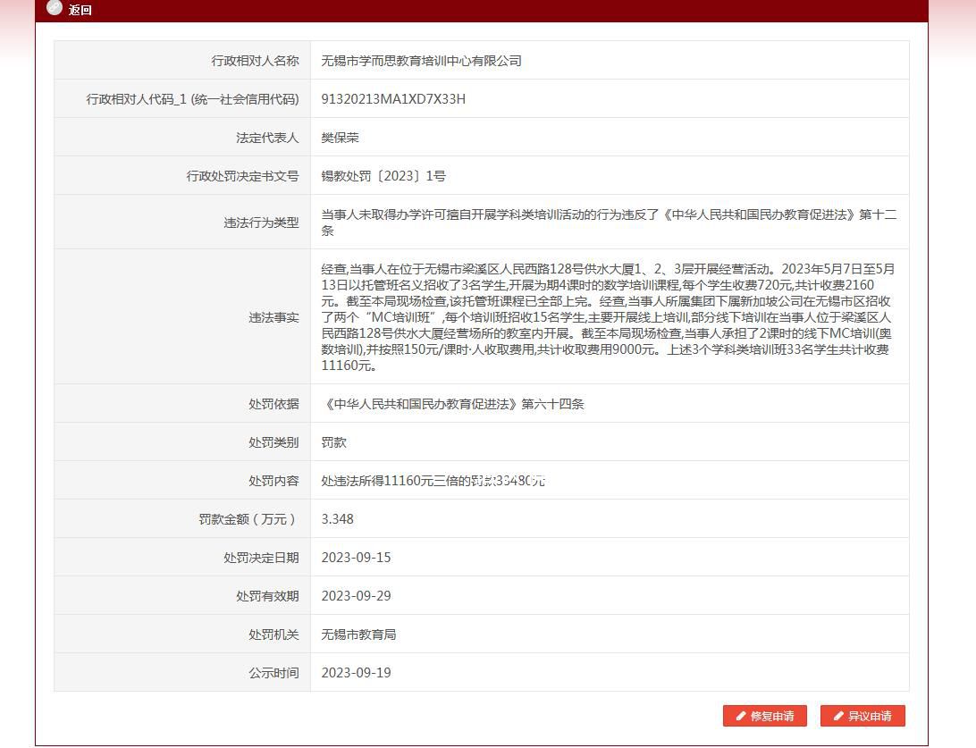 学而思擅自开展学科类培训被罚 被无锡市教育局罚款3.3万余元