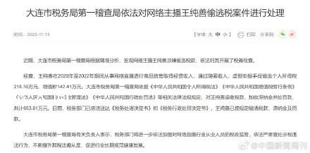 主播王纯善偷逃税被罚款 依法对其开展了税务检查